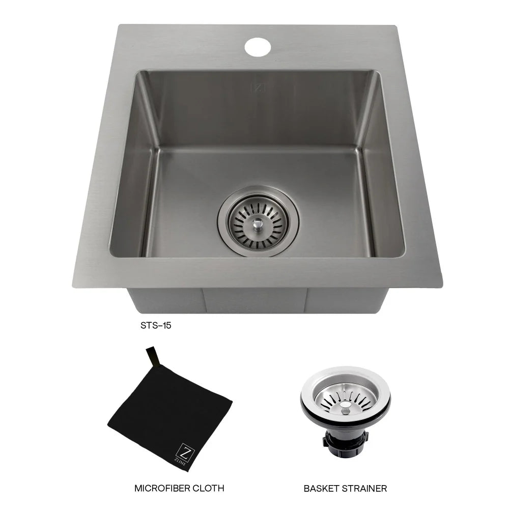 ZLINE Donner 15" Topmount Single Bowl Bar Sink in Stainless Steel (STS-15) with microfiber cloth and basket strainer.