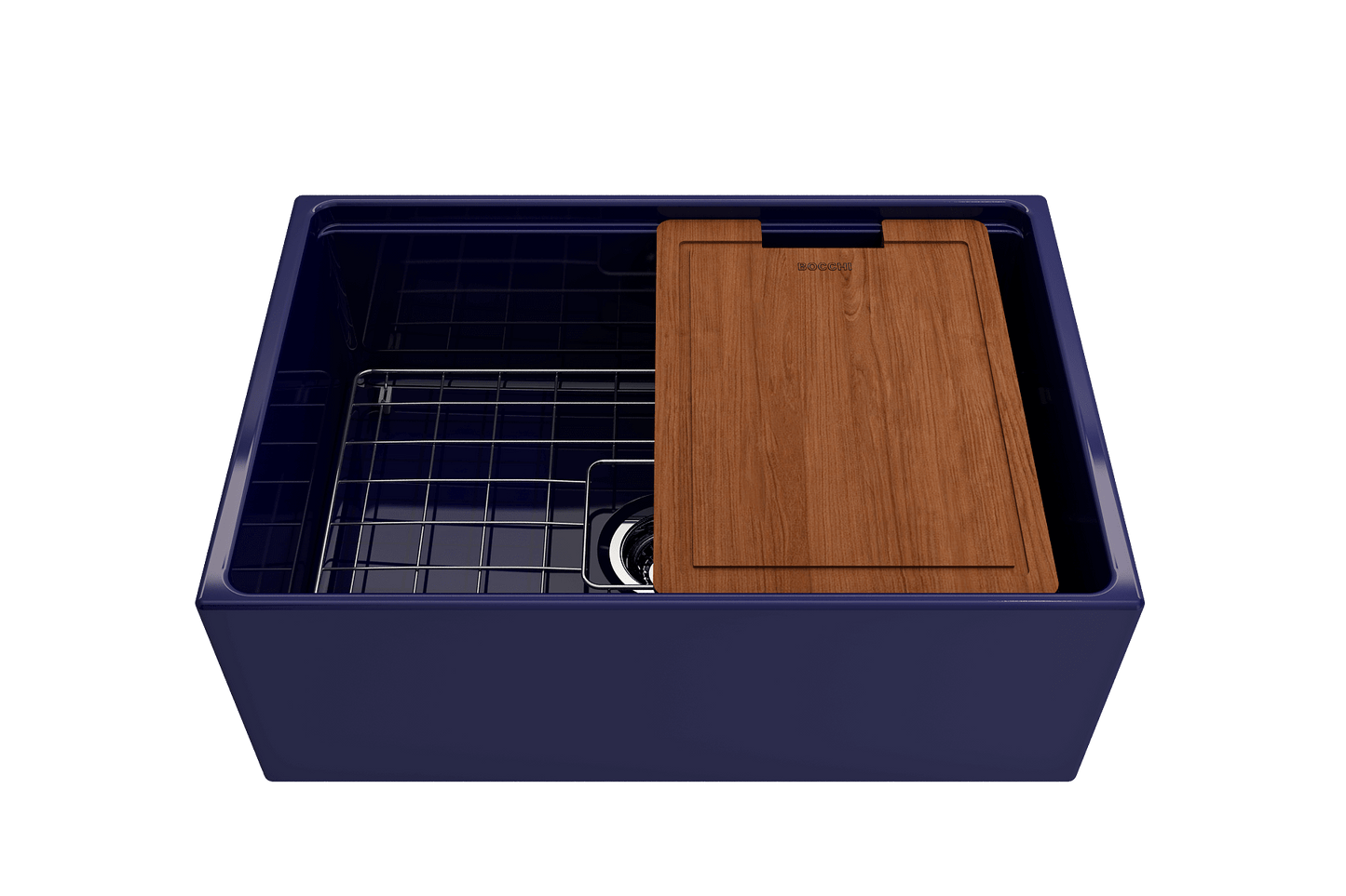 BOCCHI CONTEMPO 27" Fireclay Farmhouse Workstation Kitchen Sink with Accessories showing integrated workstation design.