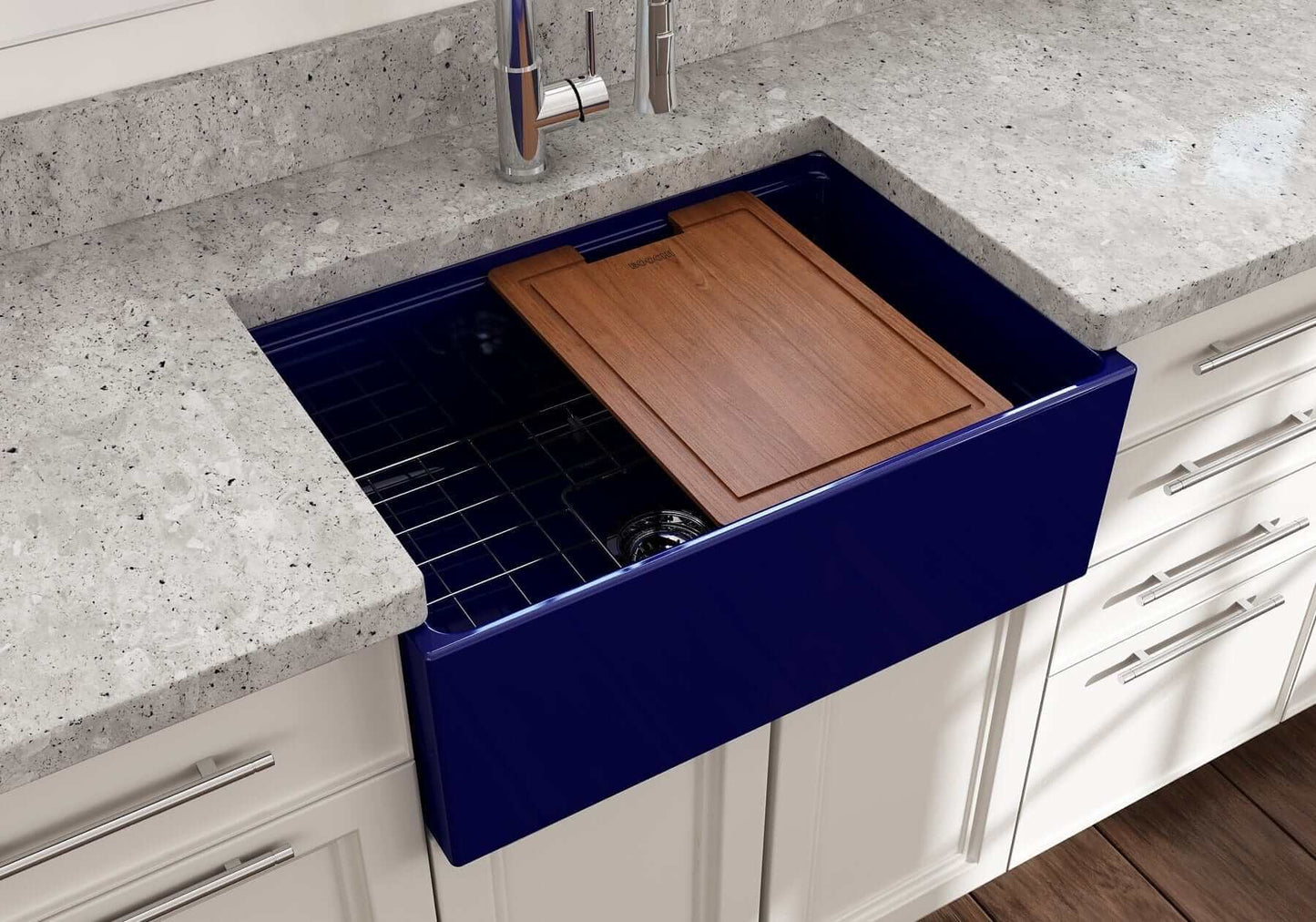 BOCCHI CONTEMPO 27" Fireclay Farmhouse Workstation Kitchen Sink with Accessories showcasing a wooden cutting board.