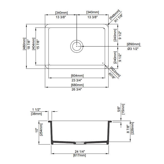 Schematic Drawing for Bocchi Sotto 27" Fireclay Sink