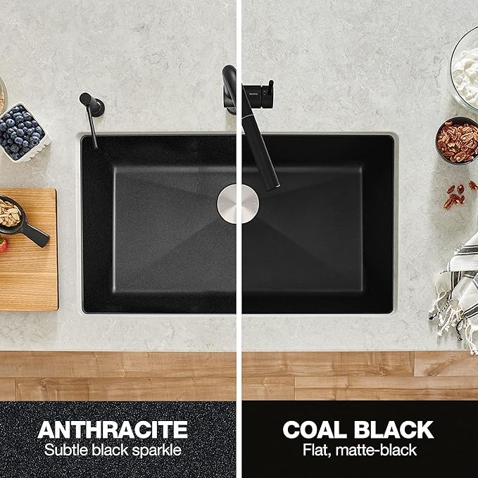 Two views of a black kitchen sink with different finishes labeled 'Anthracite' and 'Coal Black' highlighting the subtle differences