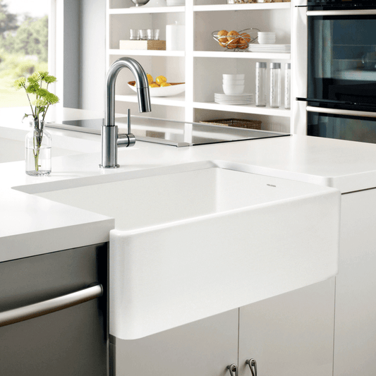 Houzer Platus 33" White Farmhouse Apron Front Fireclay Kitchen Sink, PTG-4300 WH in modern kitchen setting.