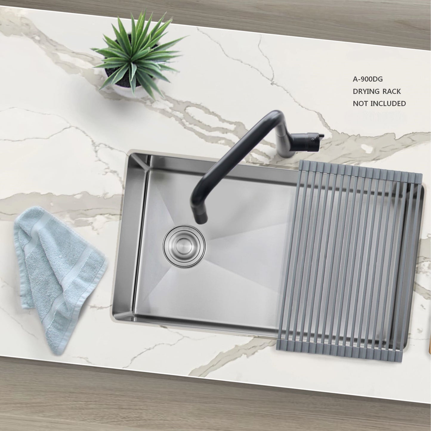 Stylish undermount stainless steel sink A-900DG shown installed on a marble coiuntertop