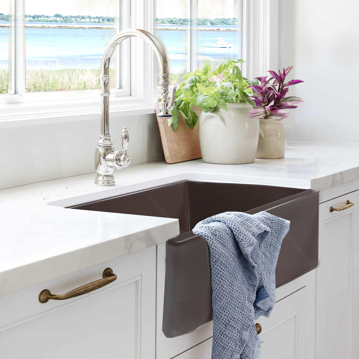 Nantucket T-FCFS30CB 30-inch coffee brown fireclay farmhouse sink, installed