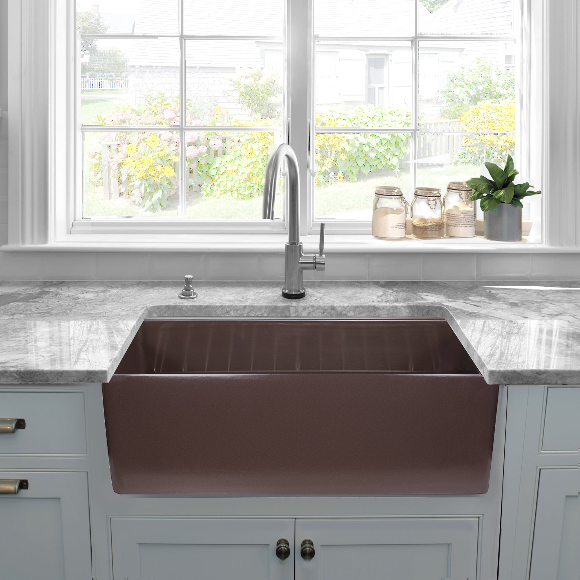 Nantucket T-FCFS30CB 30-inch coffee brown fireclay farmhouse sink, installed