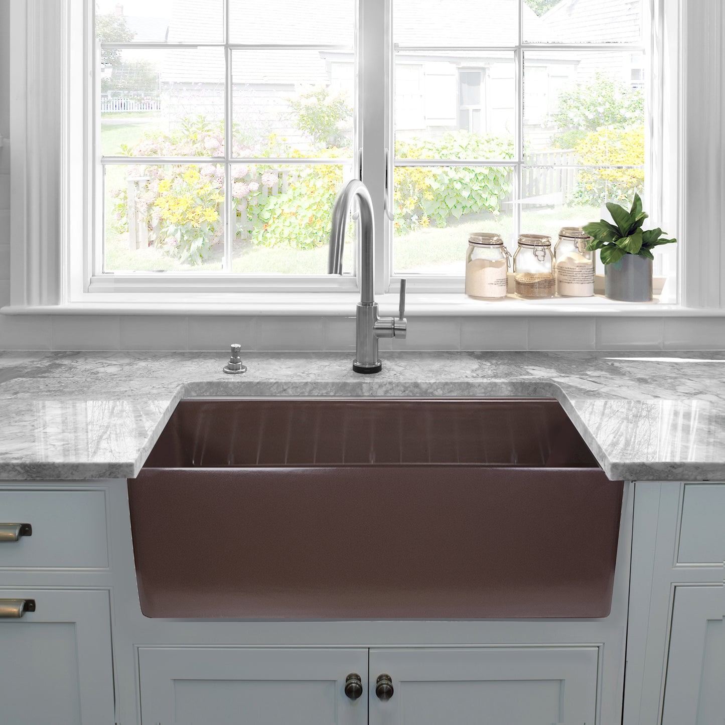 Nantucket T-FCFS30CB 30-inch coffee brown fireclay farmhouse sink, installed
