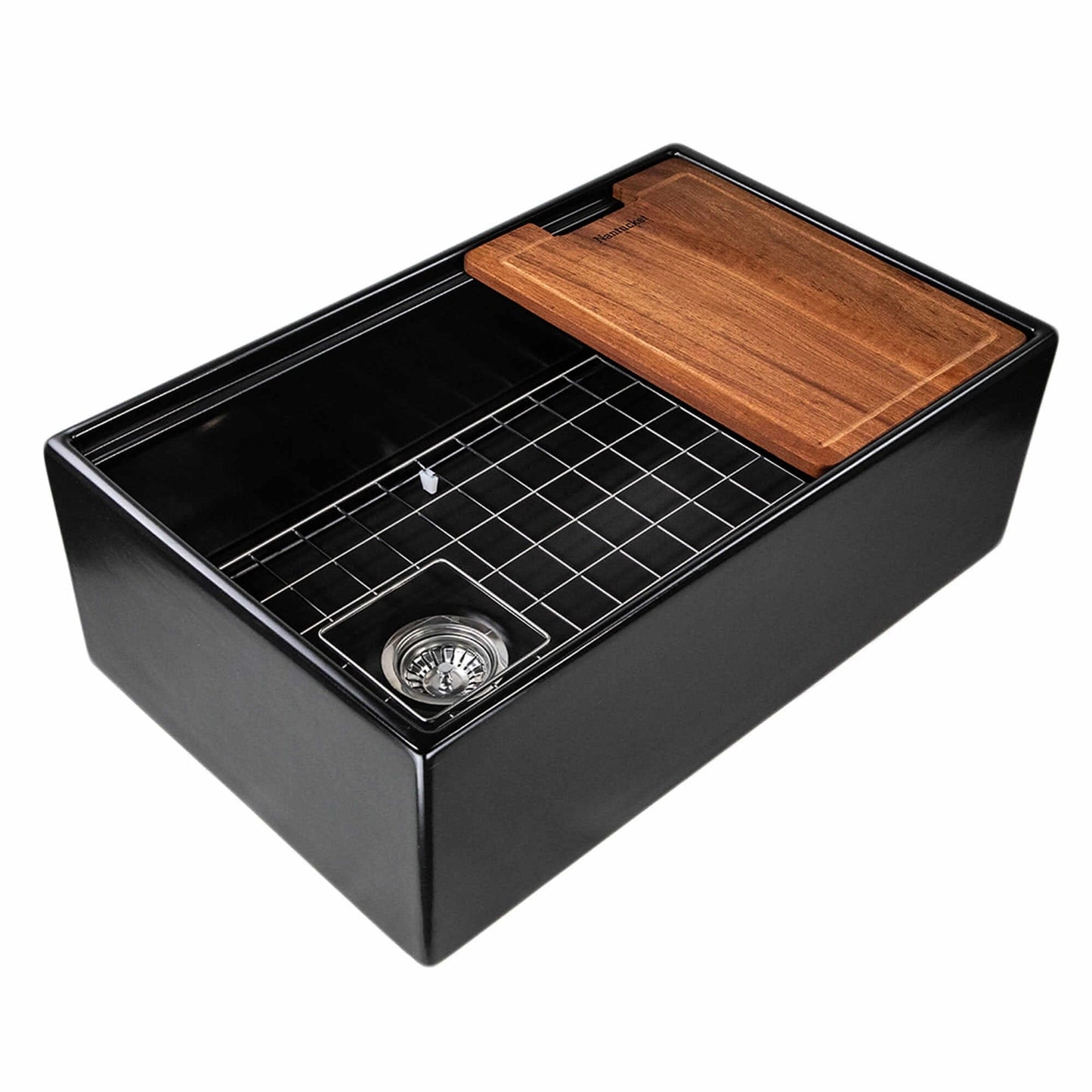 Nantucket 30" Workstation Fireclay Apron Sink Side Drain - T-PS30MB with cutting board and grid in matte black finish.