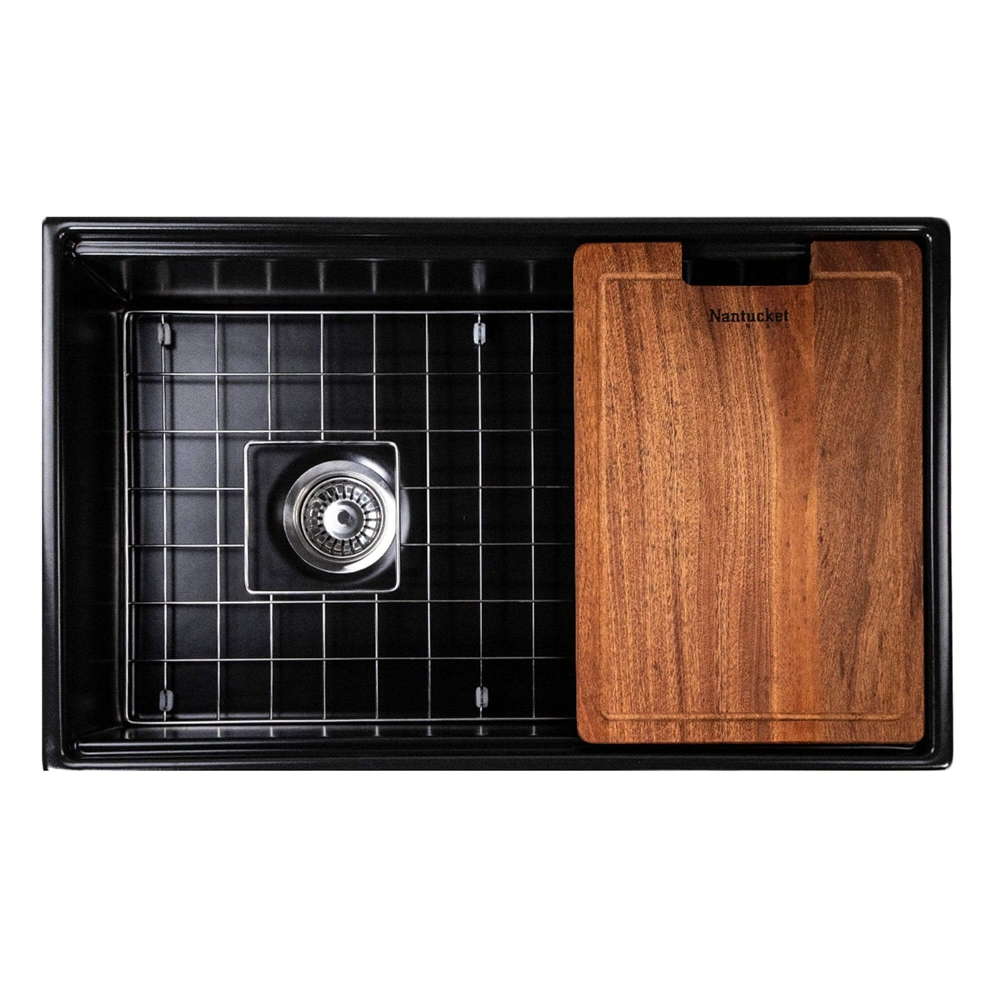 Nantucket 30" Workstation Fireclay Apron Sink Side Drain - T-PS30MB with wood cutting board and grid.