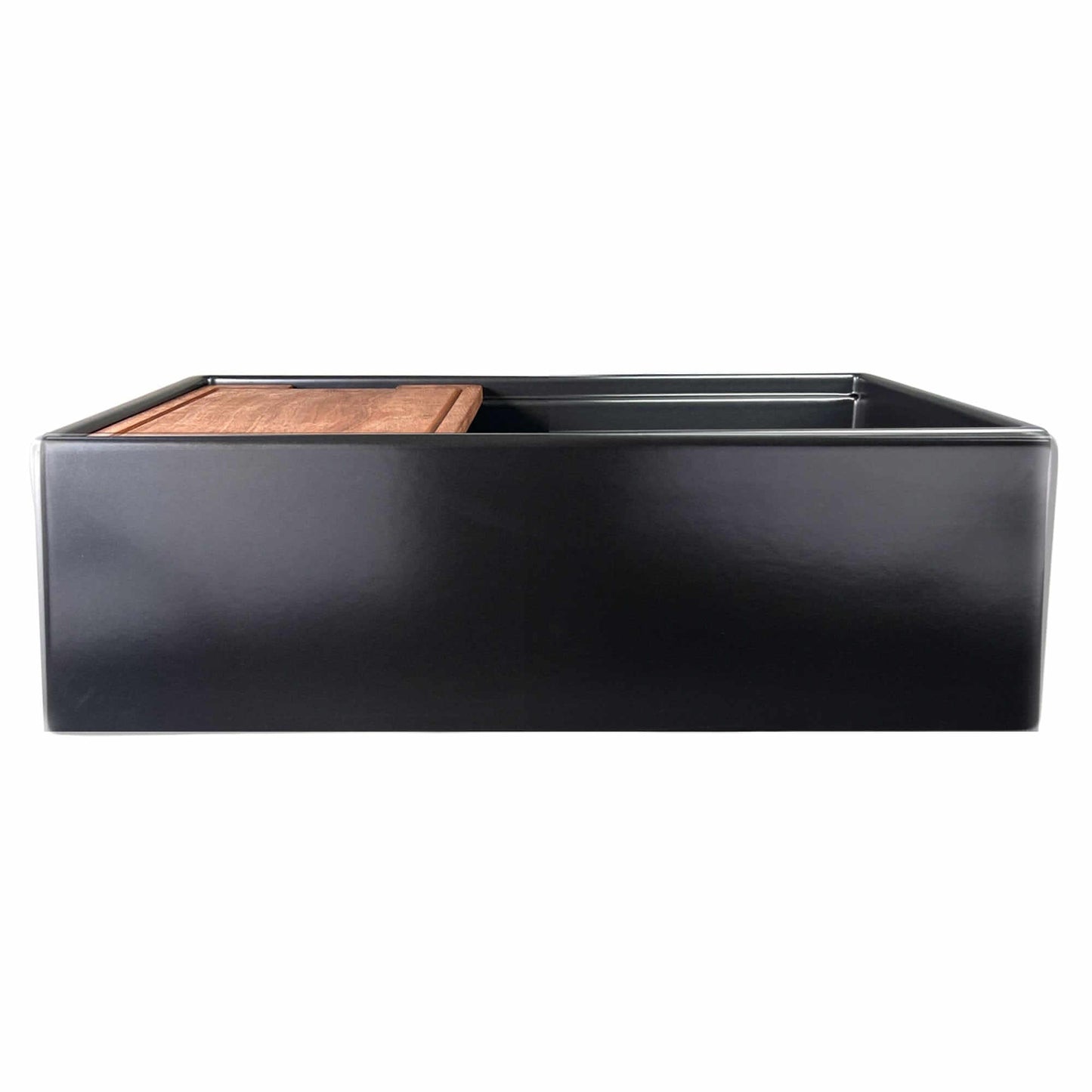 Nantucket 30" Workstation Fireclay Apron Sink Side Drain - T-PS30MB showcasing matte black finish and wooden cutting board.