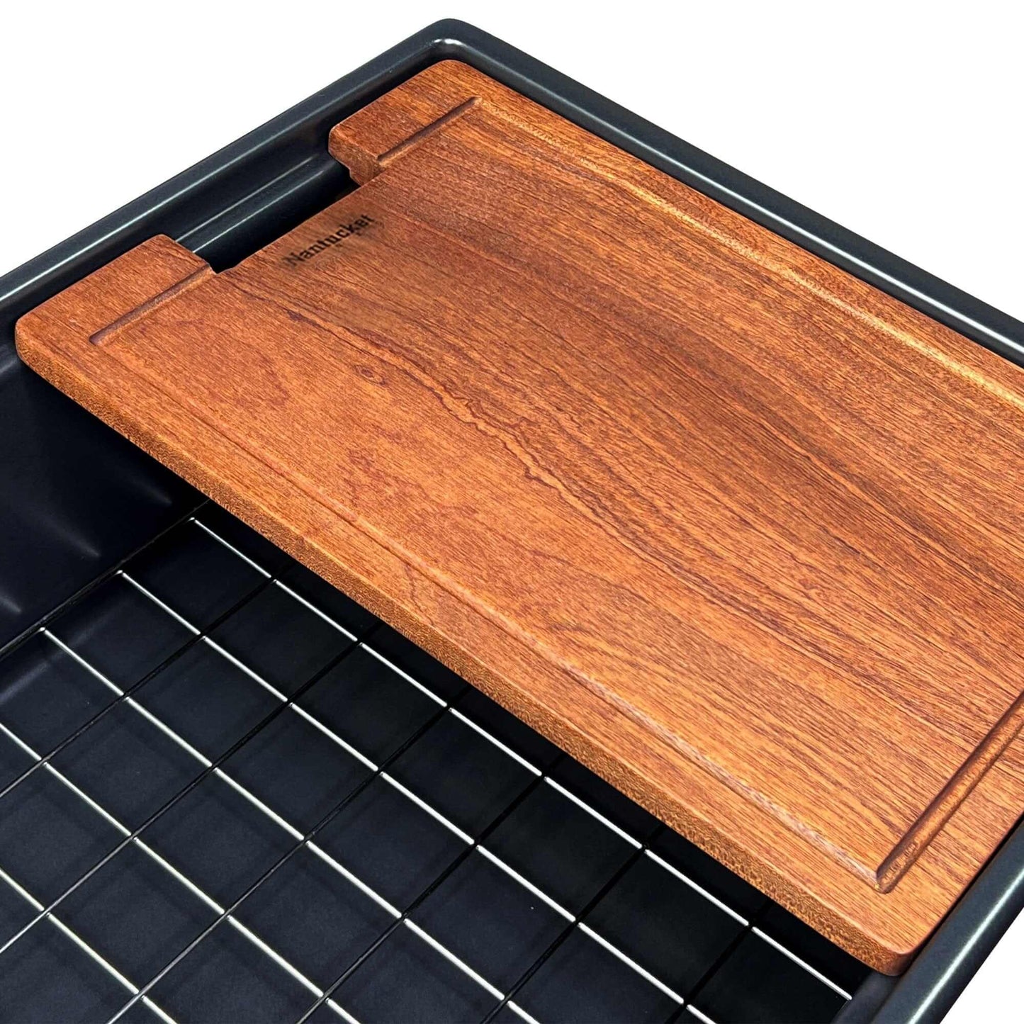 Cutting board on Nantucket 30" Workstation Fireclay Apron Sink Side Drain - T-PS30MB with matte black finish.