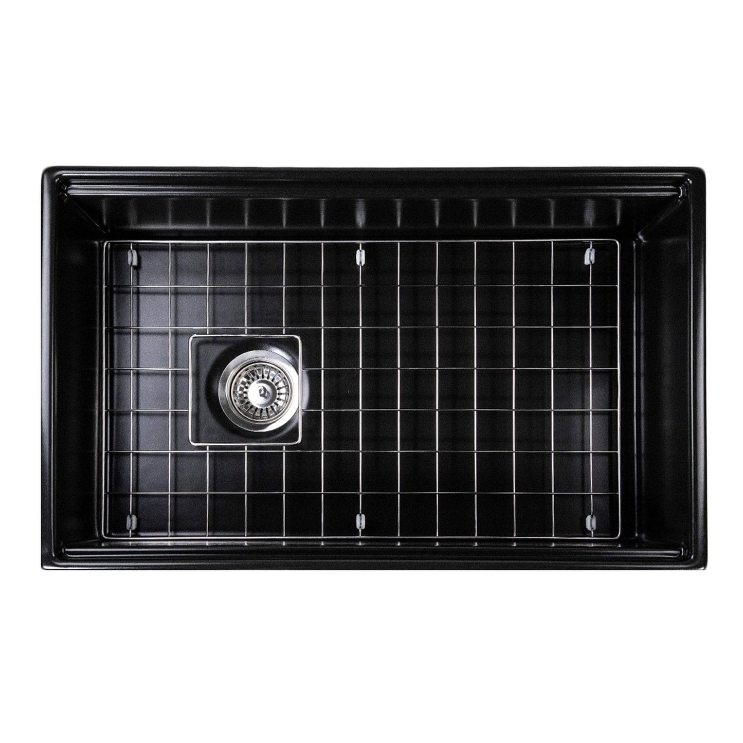 Nantucket 30" Workstation Fireclay Apron Sink Side Drain - T-PS30MB with stainless steel grid and sleek matte black finish.