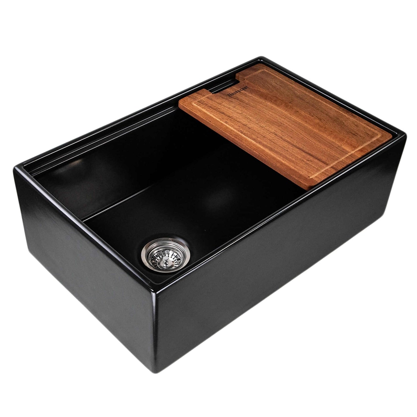 Nantucket 30" Workstation Fireclay Apron Sink Side Drain - T-PS30MB with wooden cutting board in matte black finish.