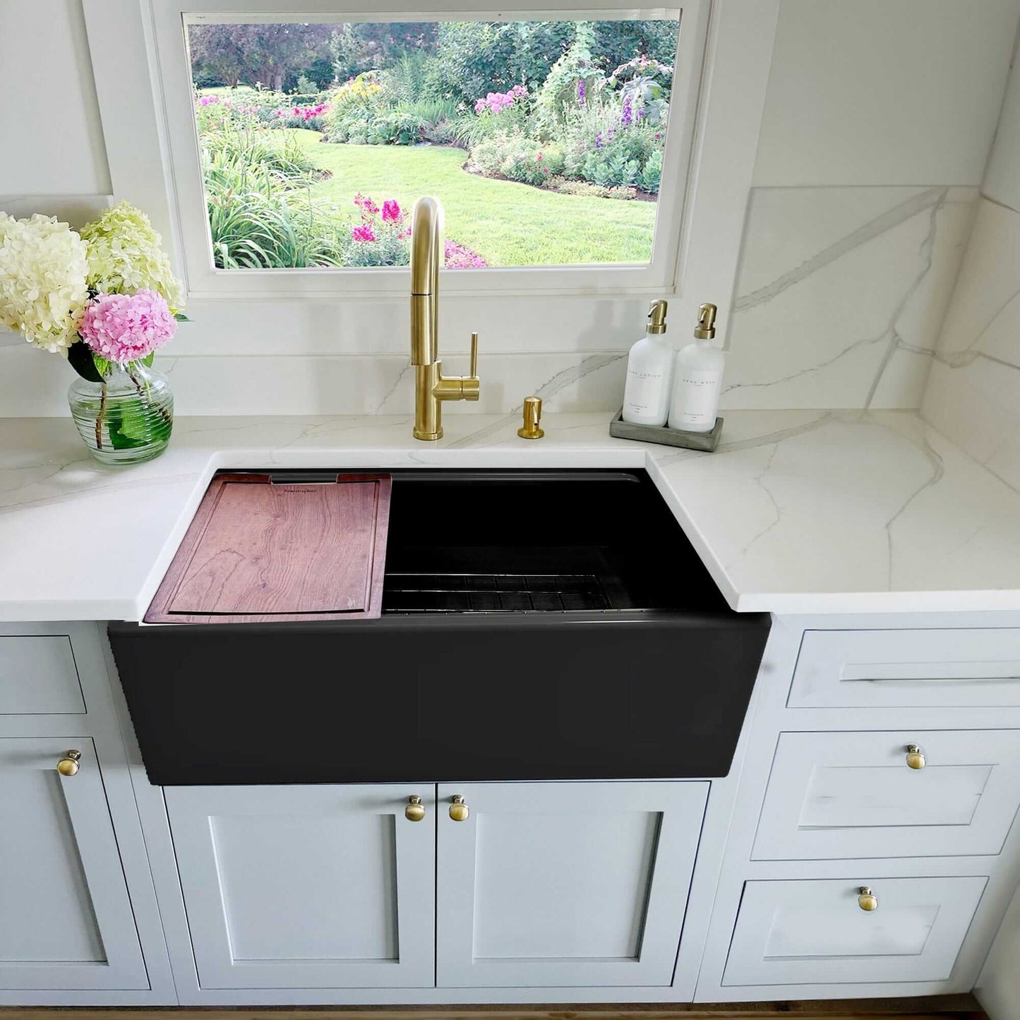 Nantucket 30" Workstation Fireclay Apron Sink Side Drain - T-PS30MB in a modern kitchen with elegant design.