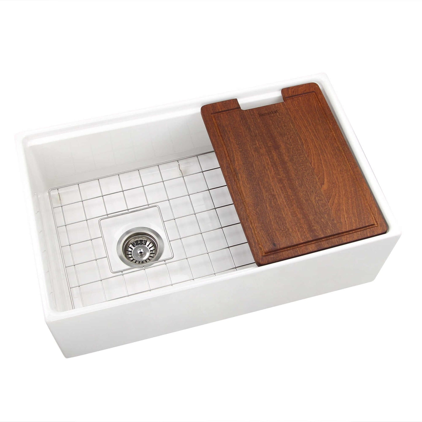 Nantucket 30" Workstation Fireclay Apron Sink Side Drain - T-PS30W with wooden cutting board.
