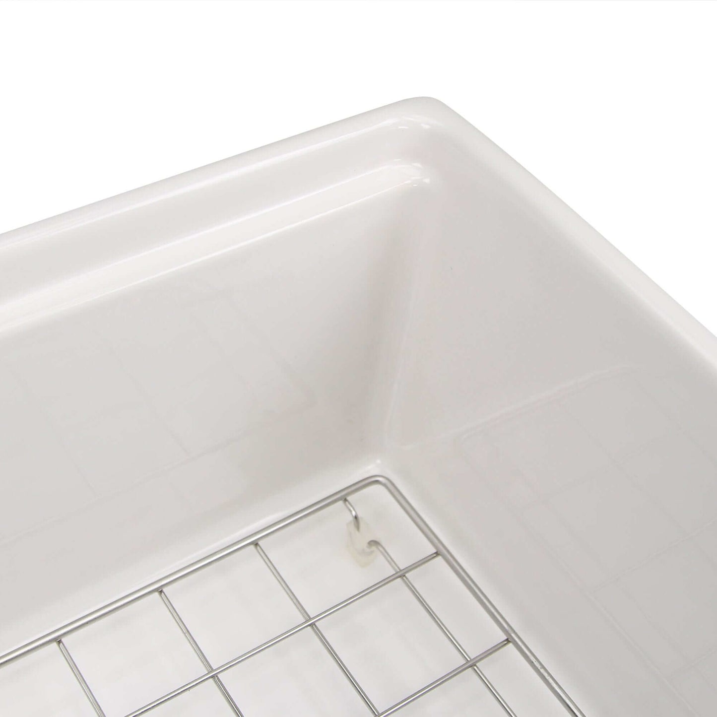 Nantucket 30" Workstation Fireclay Apron Sink Side Drain - T-PS30W close-up with wire grid and smooth edges.