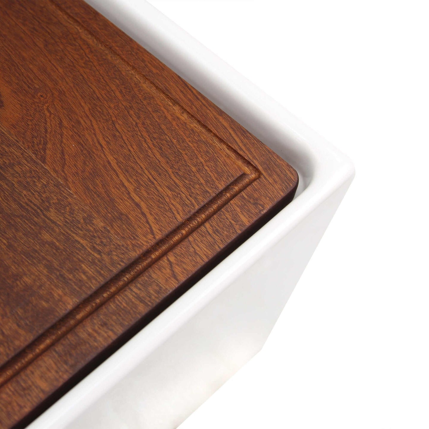 Nantucket 30" Workstation Fireclay Apron Sink Side Drain - T-PS30W with wooden surface detail