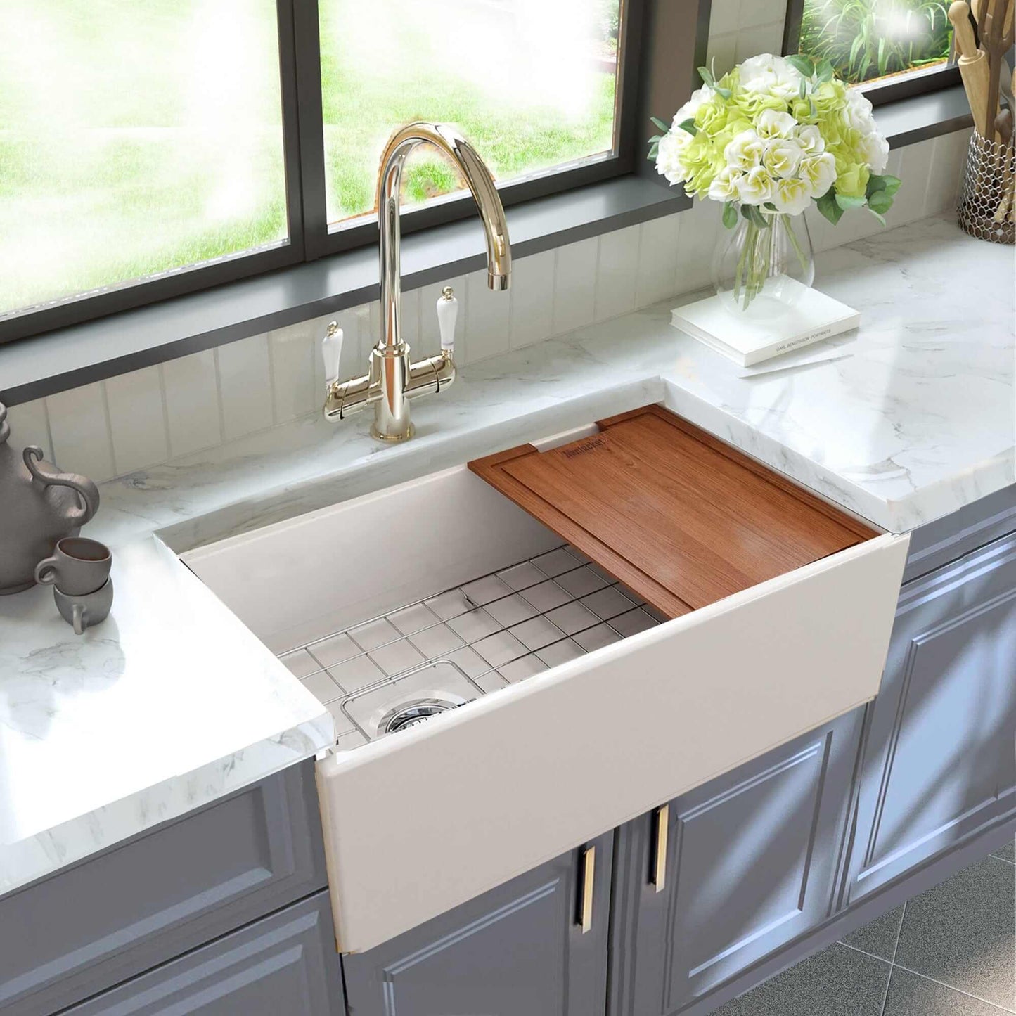 Nantucket 30" Workstation Fireclay Apron Sink Side Drain - T-PS30W installed in modern kitchen with faucet.