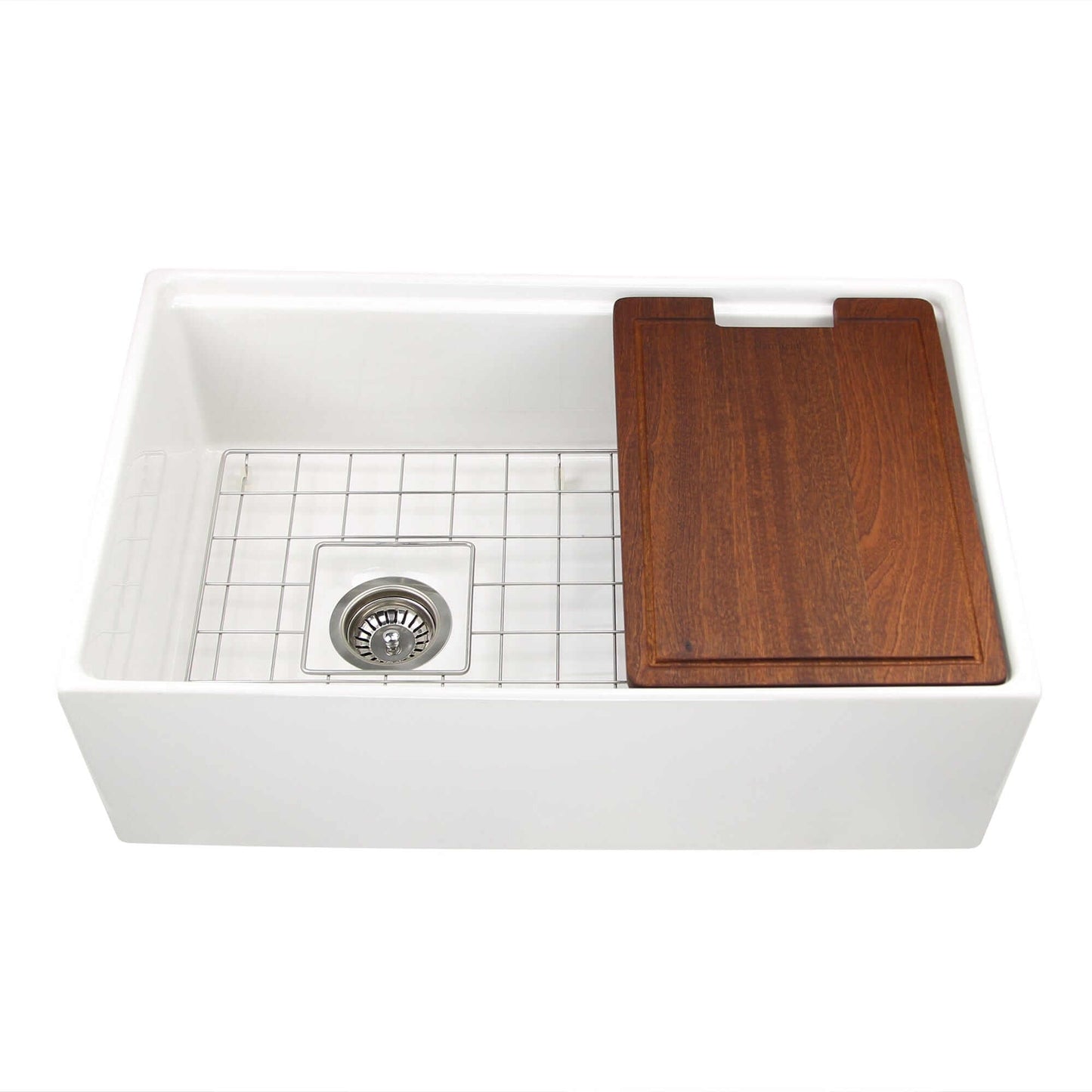 Nantucket 30" Workstation Fireclay Apron Sink Side Drain - T-PS30W with reversible side drain and cutting board.