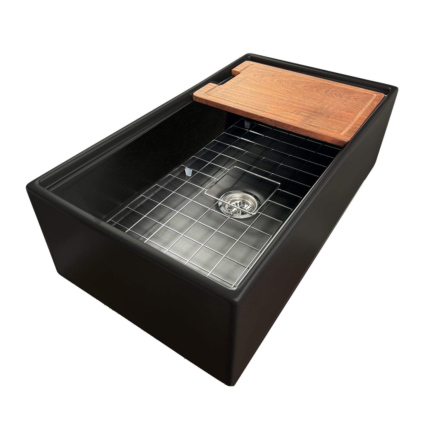 Nantucket Sinks 33" Workstation Fireclay Apron Sink with Accessories - T-PS33MB in matte black with cutting board.
