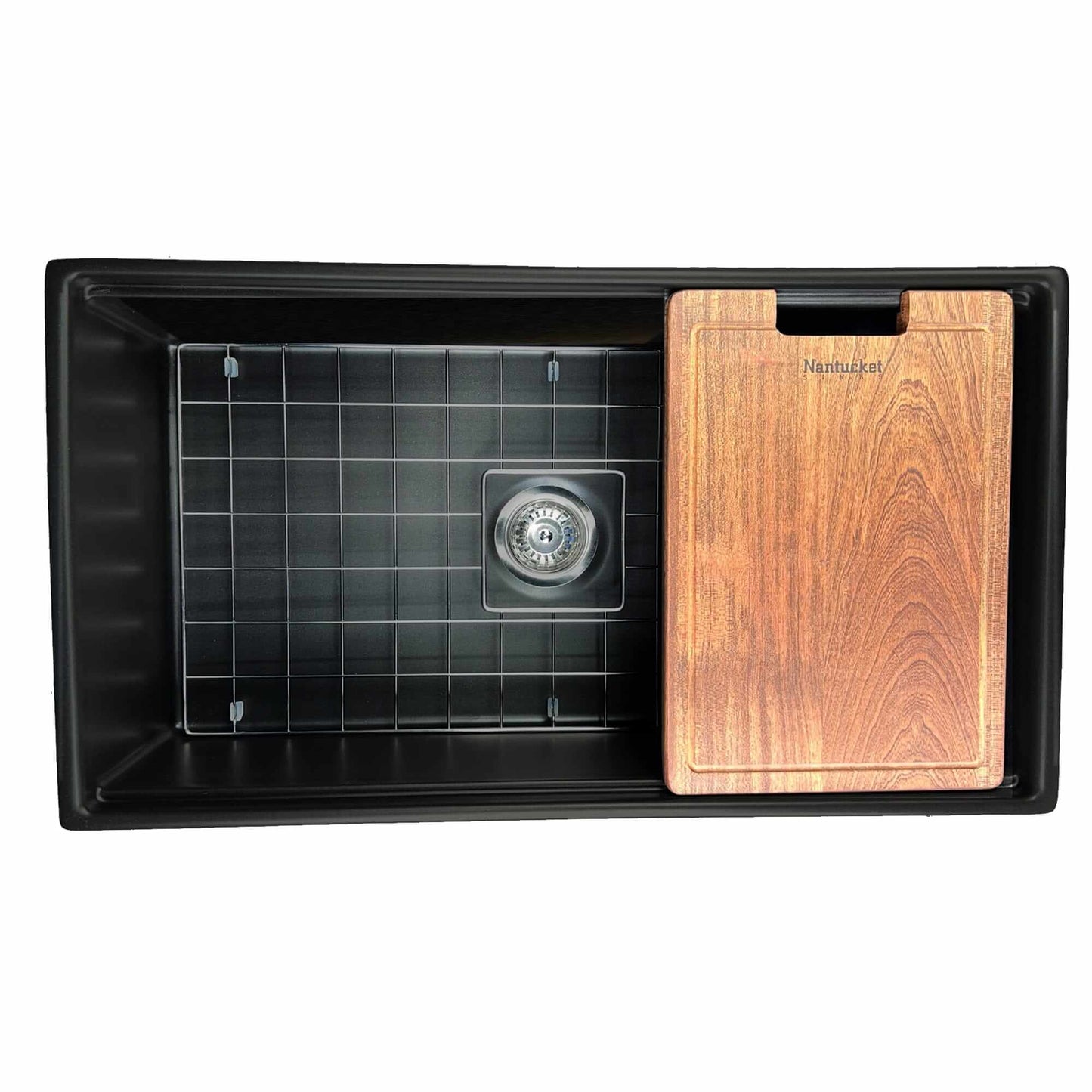 Nantucket Sinks 33" Workstation Fireclay Apron Sink with Accessories - T-PS33MB featuring matte black finish and wooden cutting board.