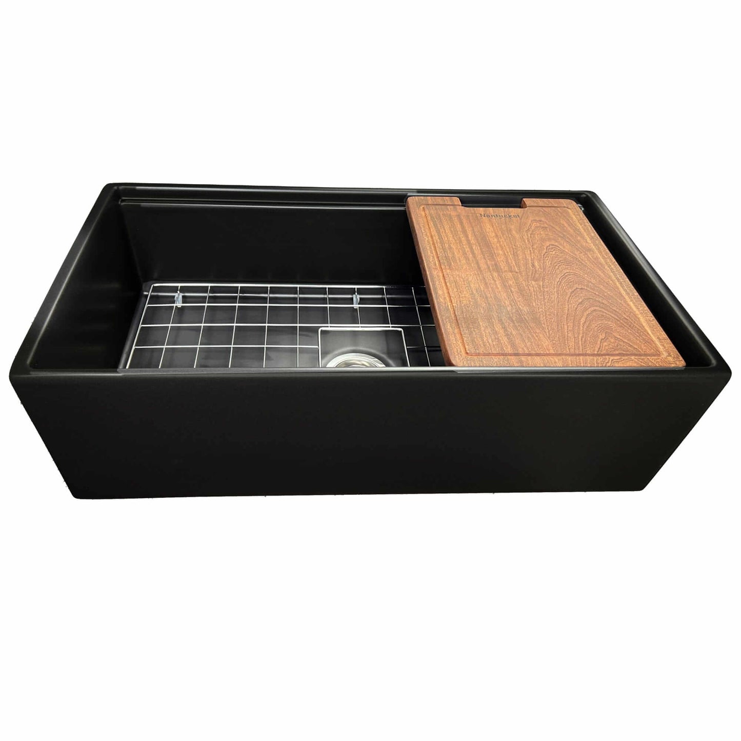 Nantucket Sinks 33" Workstation Fireclay Apron Sink with Accessories - T-PS33MB in matte black with wooden cutting board.