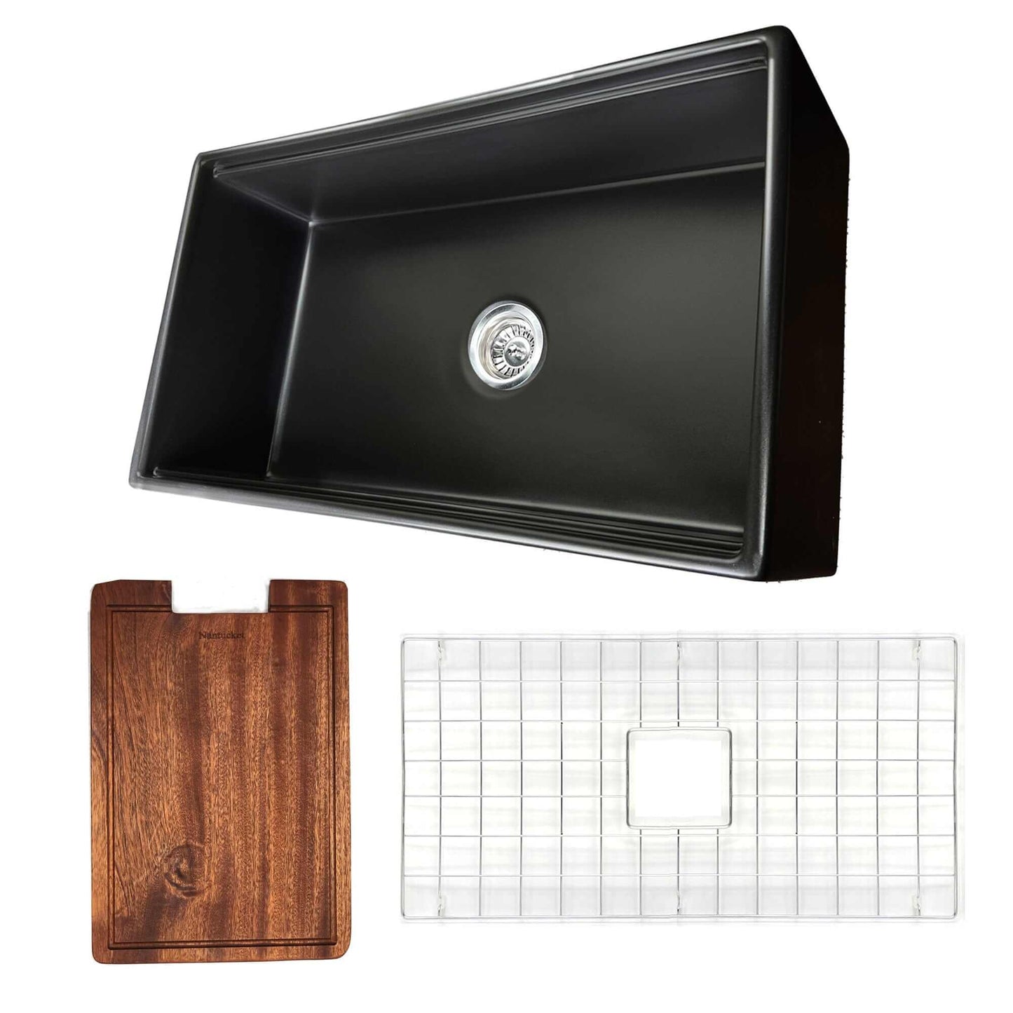Nantucket Sinks 33" Workstation Fireclay Apron Sink with Accessories - T-PS33MB including wooden and plastic cutting boards.