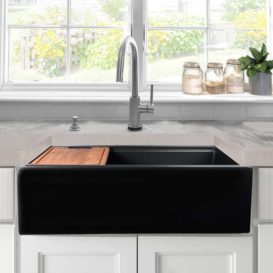Nantucket Sinks 33" Workstation Fireclay Apron Sink with Accessories - T-PS33MB in sleek kitchen setting.
