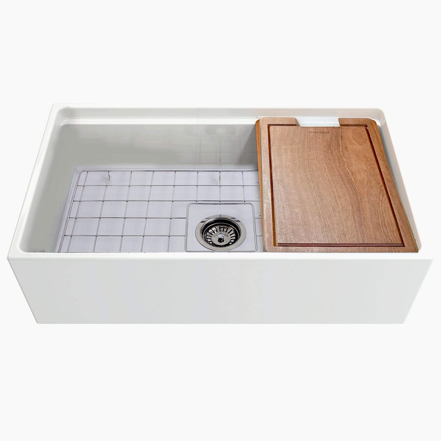 Nantucket Sinks 33" Workstation Fireclay Apron Sink with Accessories - T-PS33W featuring cutting board and bottom grid.
