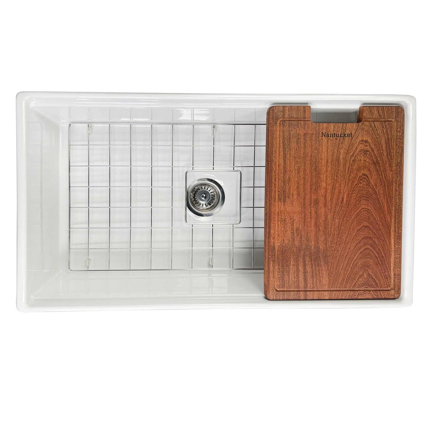 Nantucket Sinks 33" Workstation Fireclay Apron Sink with Accessories - T-PS33W featuring cutting board and bottom grid.