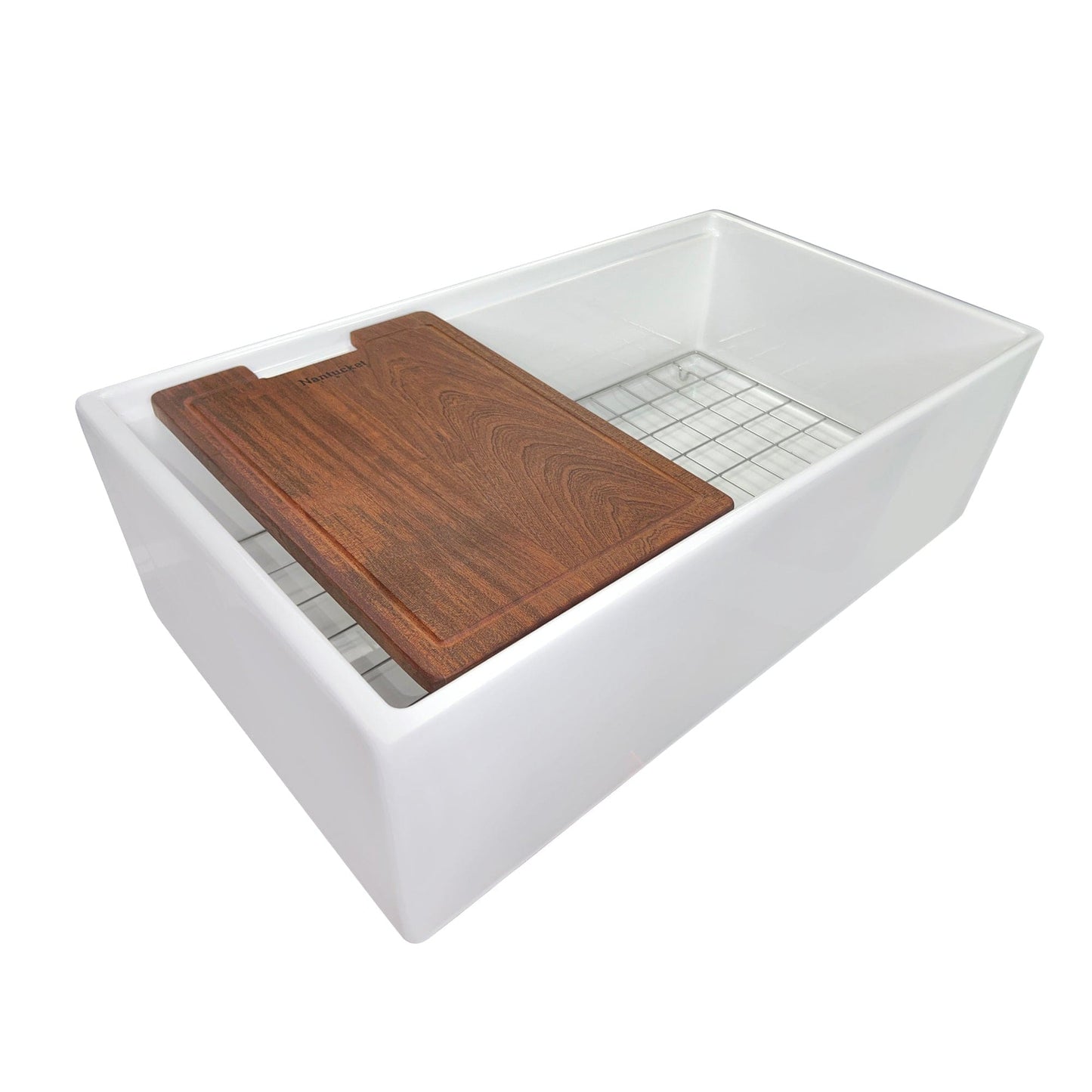 Nantucket Sinks 33" Workstation Fireclay Apron Sink with Accessories - T-PS33W, featuring a cutting board and bottom grid.