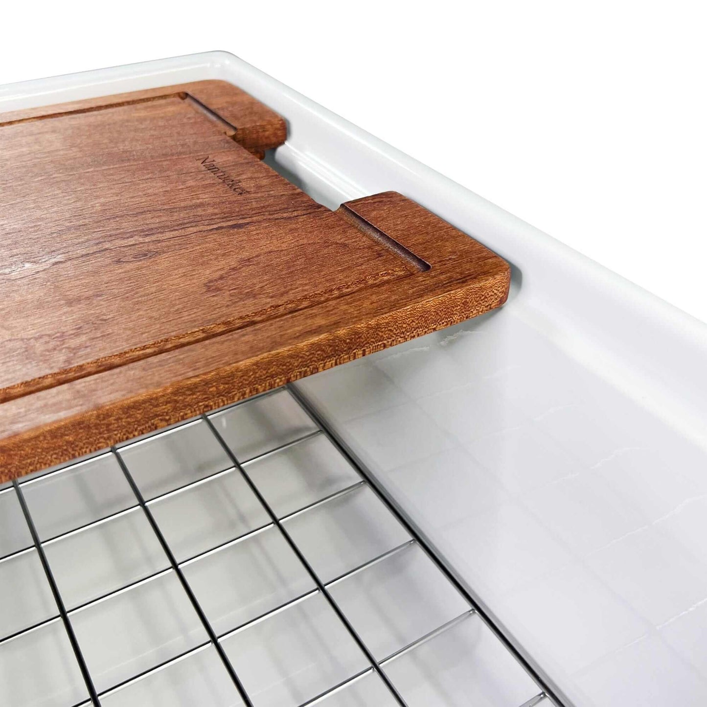 Nantucket Sinks 33" Workstation Fireclay Apron Sink with Accessories - T-PS33W with wooden cutting board and bottom grid.