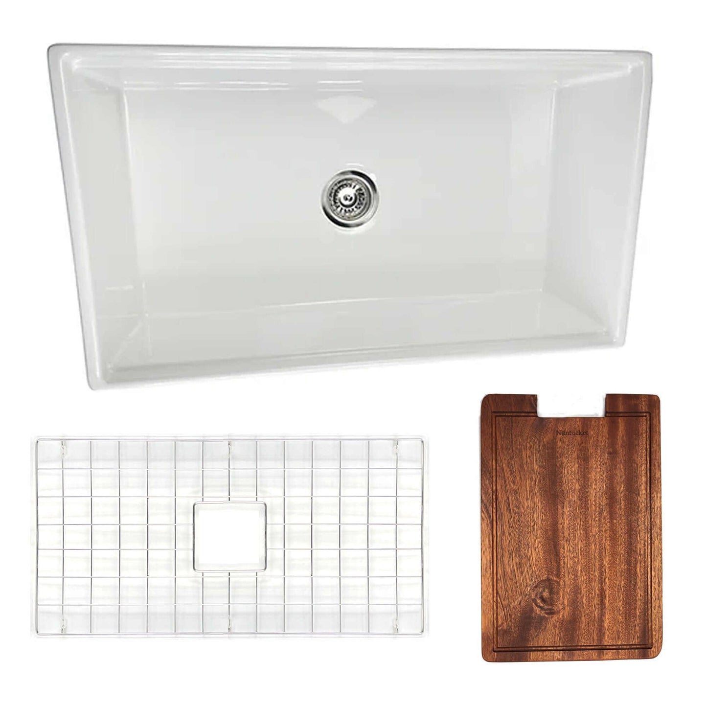Nantucket Sinks 33" Workstation Fireclay Apron Sink with Accessories - T-PS33W, showing white sink, bottom grid, and cutting board.