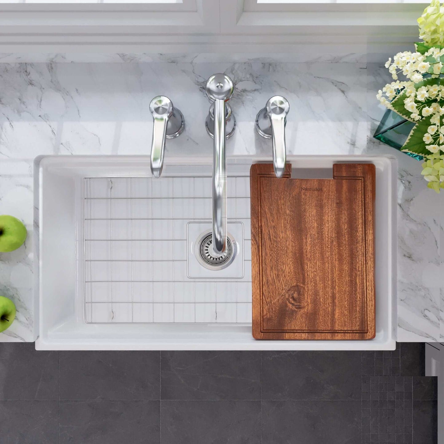 Nantucket Sinks 33" Workstation Fireclay Apron Sink with Accessories - T-PS33W featuring a wooden cutting board.