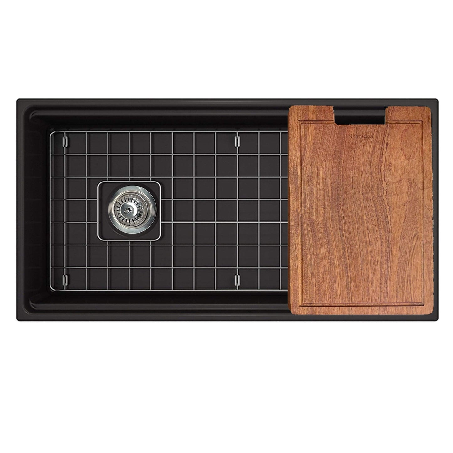 Nantucket T-PS36MB matte black workstation sink main product image with included accessories