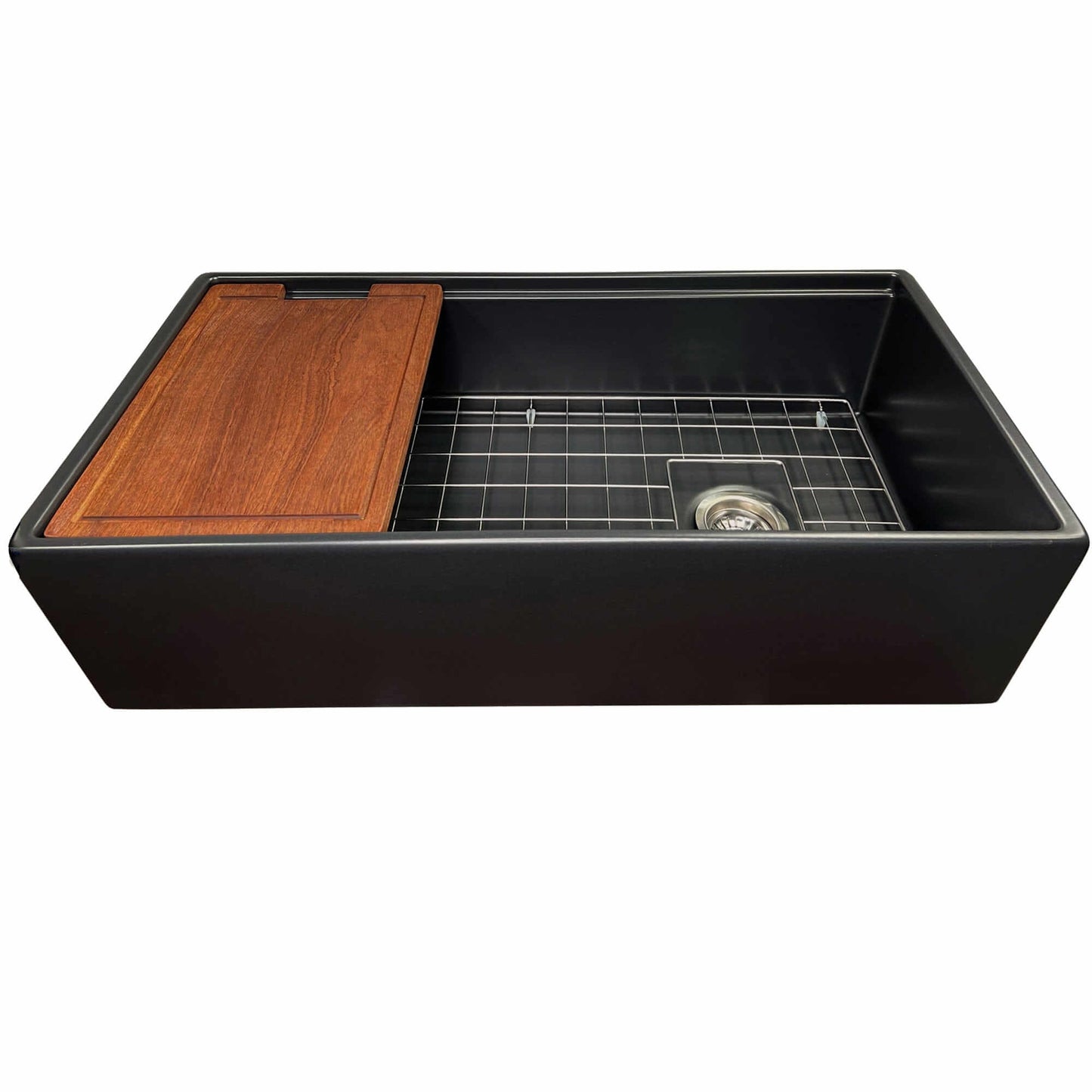 Nantucket T-PS36MB matte black sink detail view showing offset drain placement