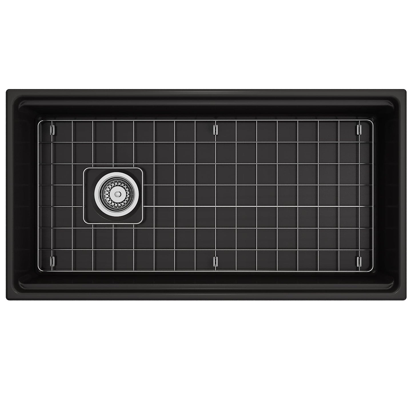 Nantucket T-PS36MB 36-inch matte black farmhouse sink top view with sink grid