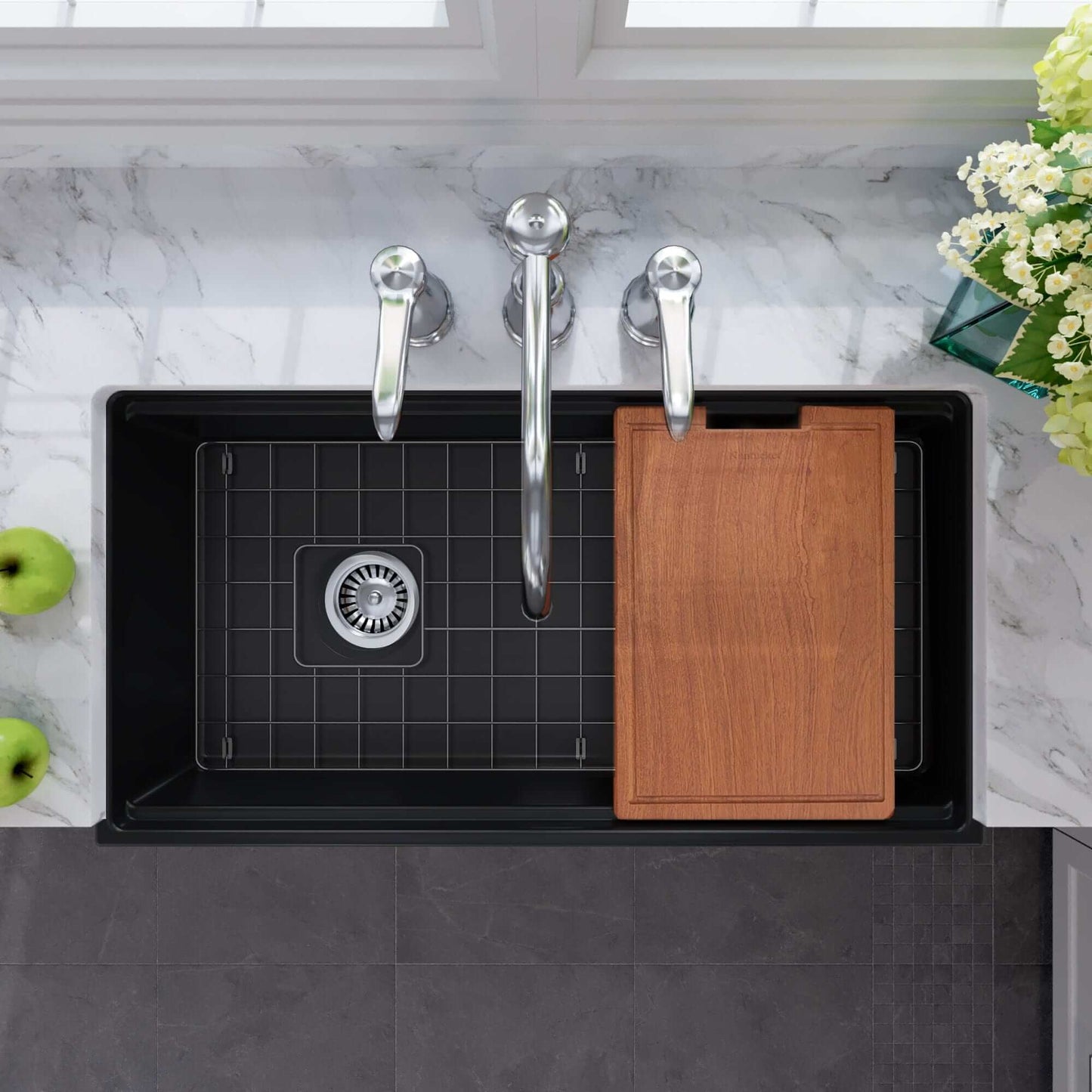Nantucket T-PS36MB 36-inch matte black farmhouse sink top view with grid and cutting board