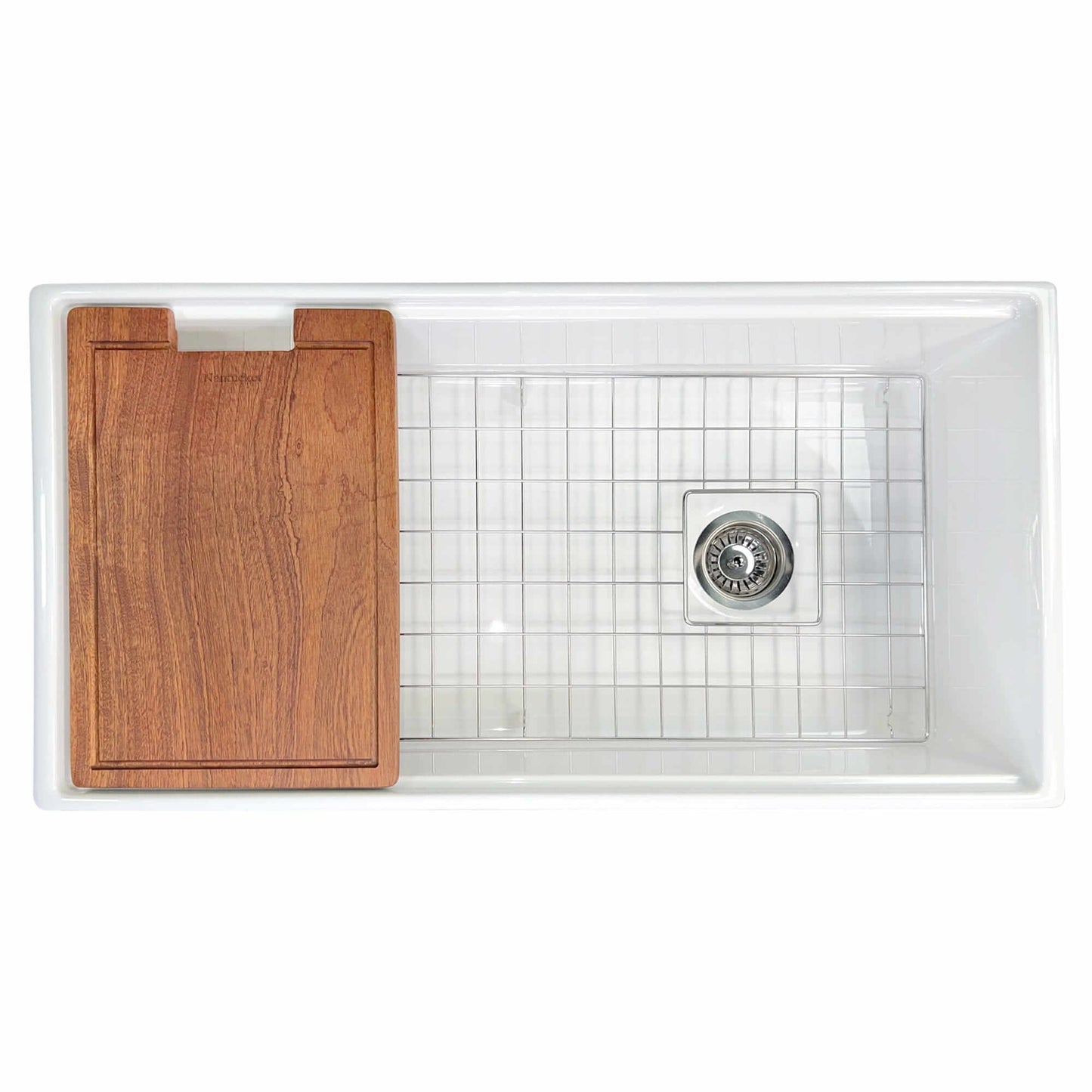 Nantucket Sinks 36" Workstation Fireclay Apron Sink with Accessories - T-PS36W showing the integrated cutting board and bottom grid.