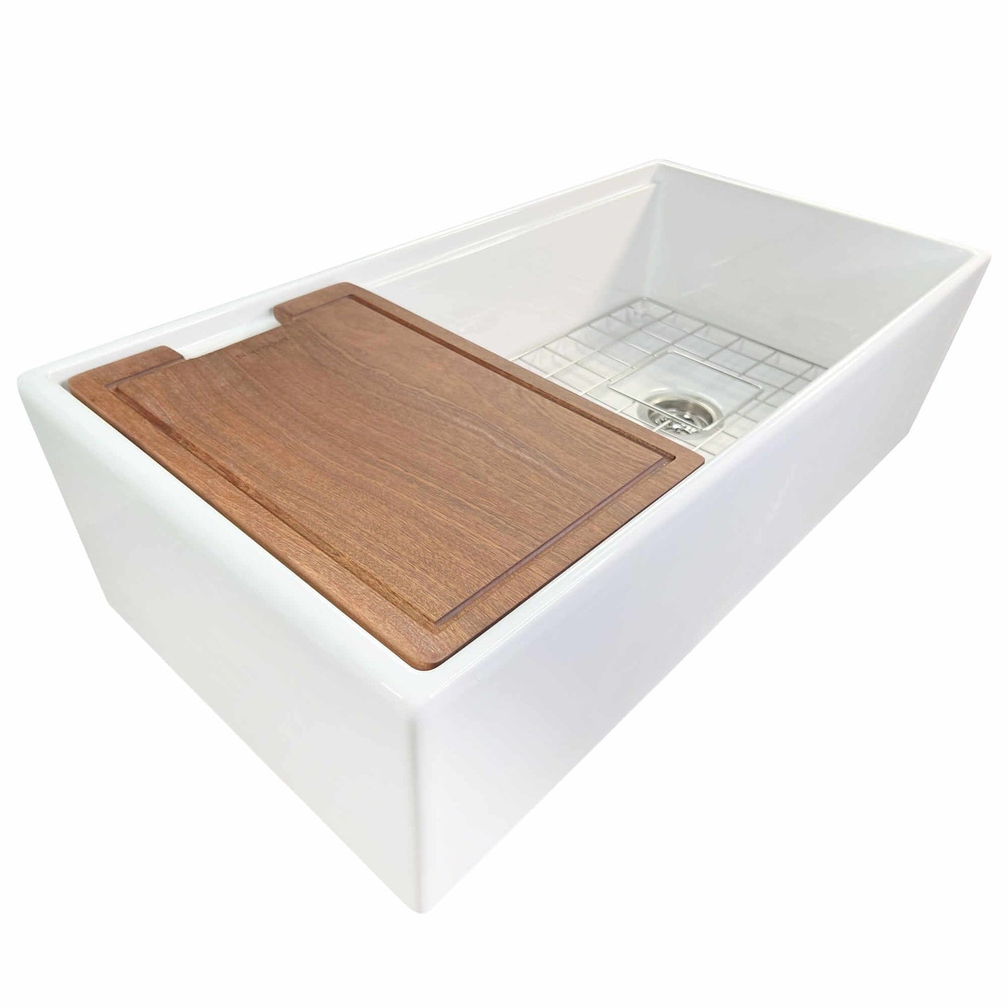 Nantucket Sinks 36" Workstation Fireclay Apron Sink with Accessories - T-PS36W showing a wooden cutting board feature.