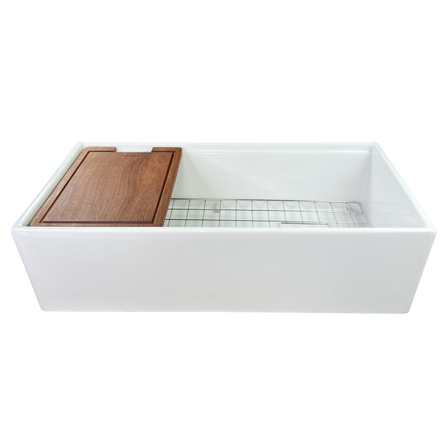 Nantucket Sinks 36" Workstation Fireclay Apron Sink with Accessories - T-PS36W with wooden cutting board and bottom grid.