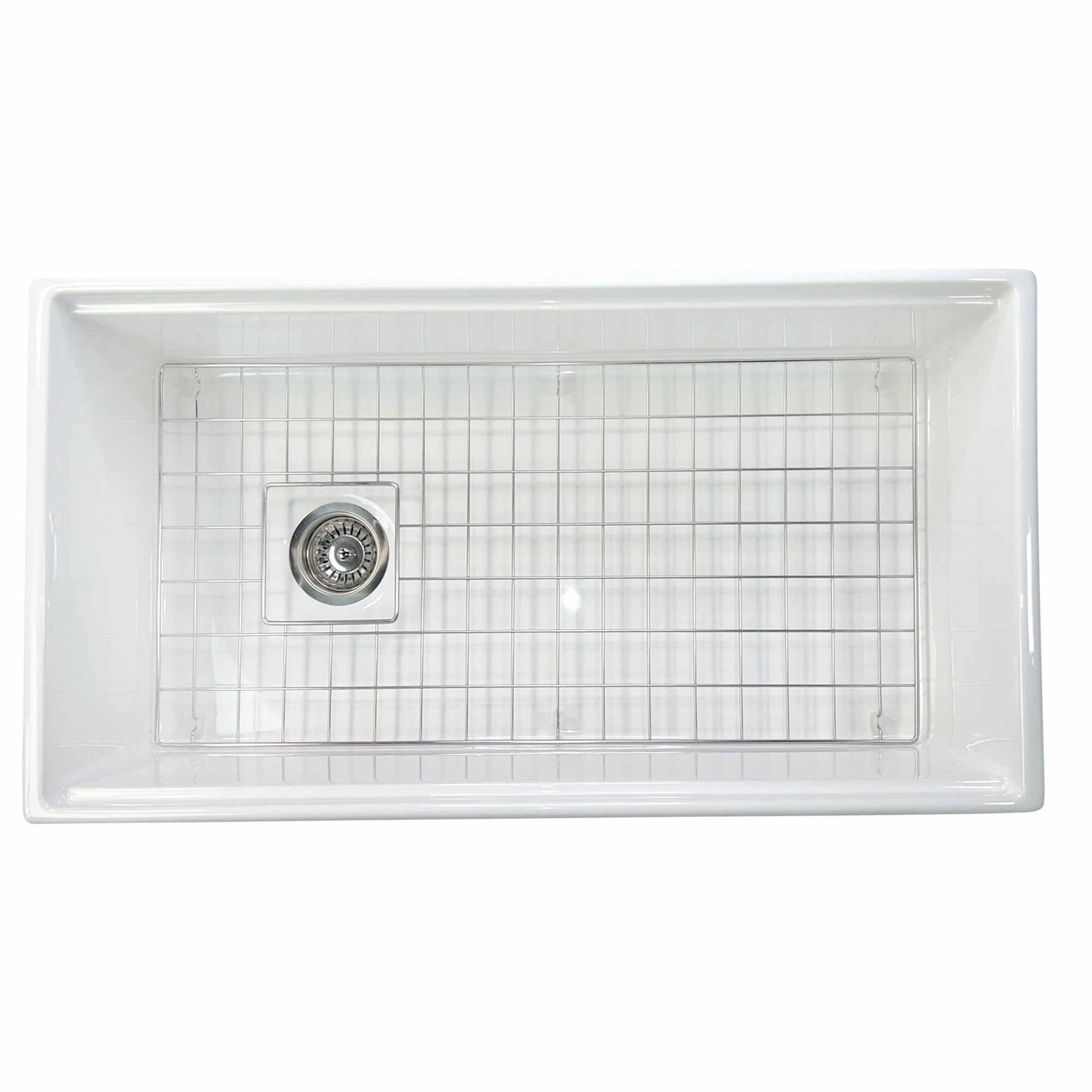 Nantucket Sinks 36" Workstation Fireclay Apron Sink with Accessories - T-PS36W top view showing the grid and drain.