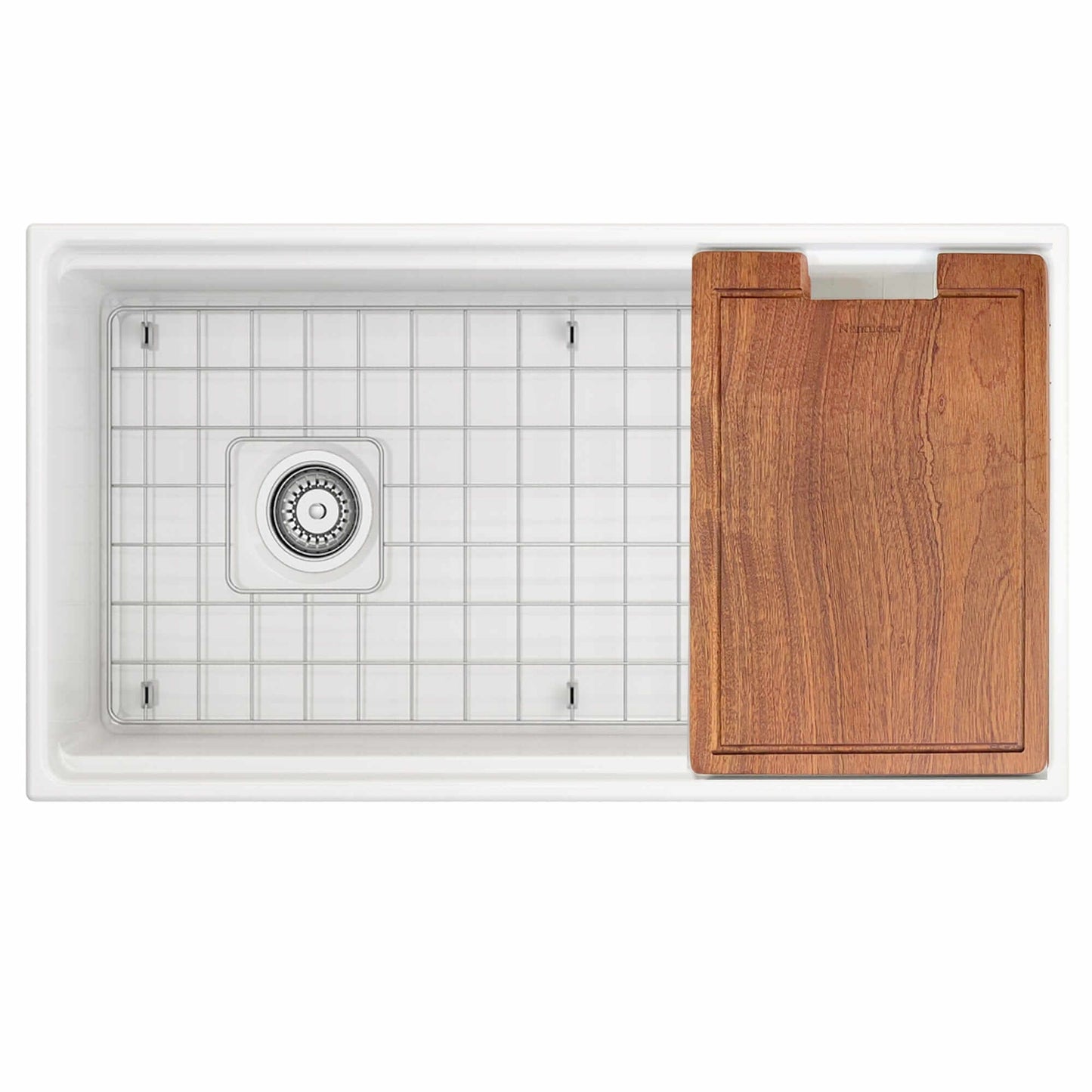 Nantucket Sinks 36" Workstation Fireclay Apron Sink with Accessories - T-PS36W, featuring a wood cutting board and bottom grid.