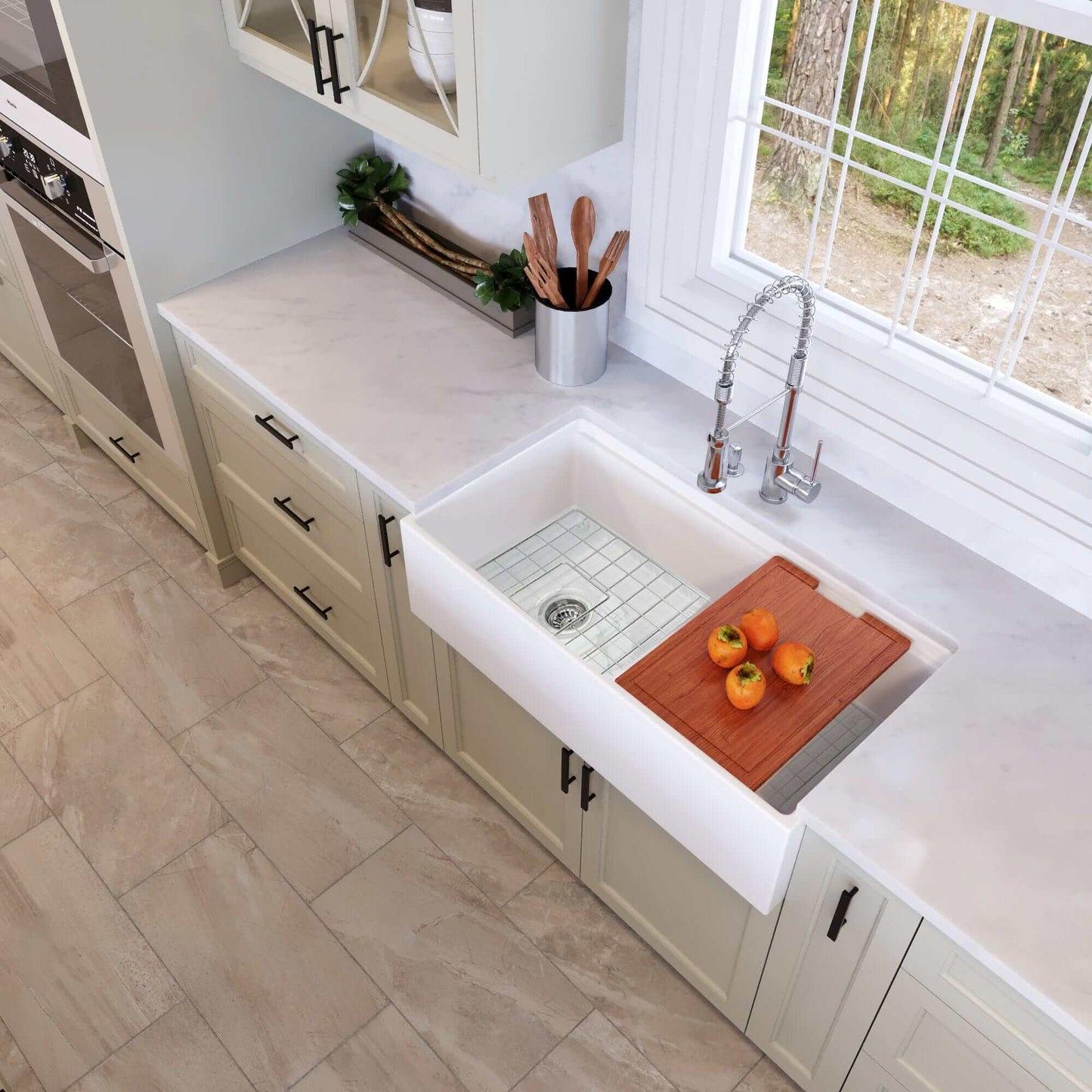 Nantucket Sinks 36" Workstation Fireclay Apron Sink with Accessories - T-PS36W with cutting board and fresh produce.
