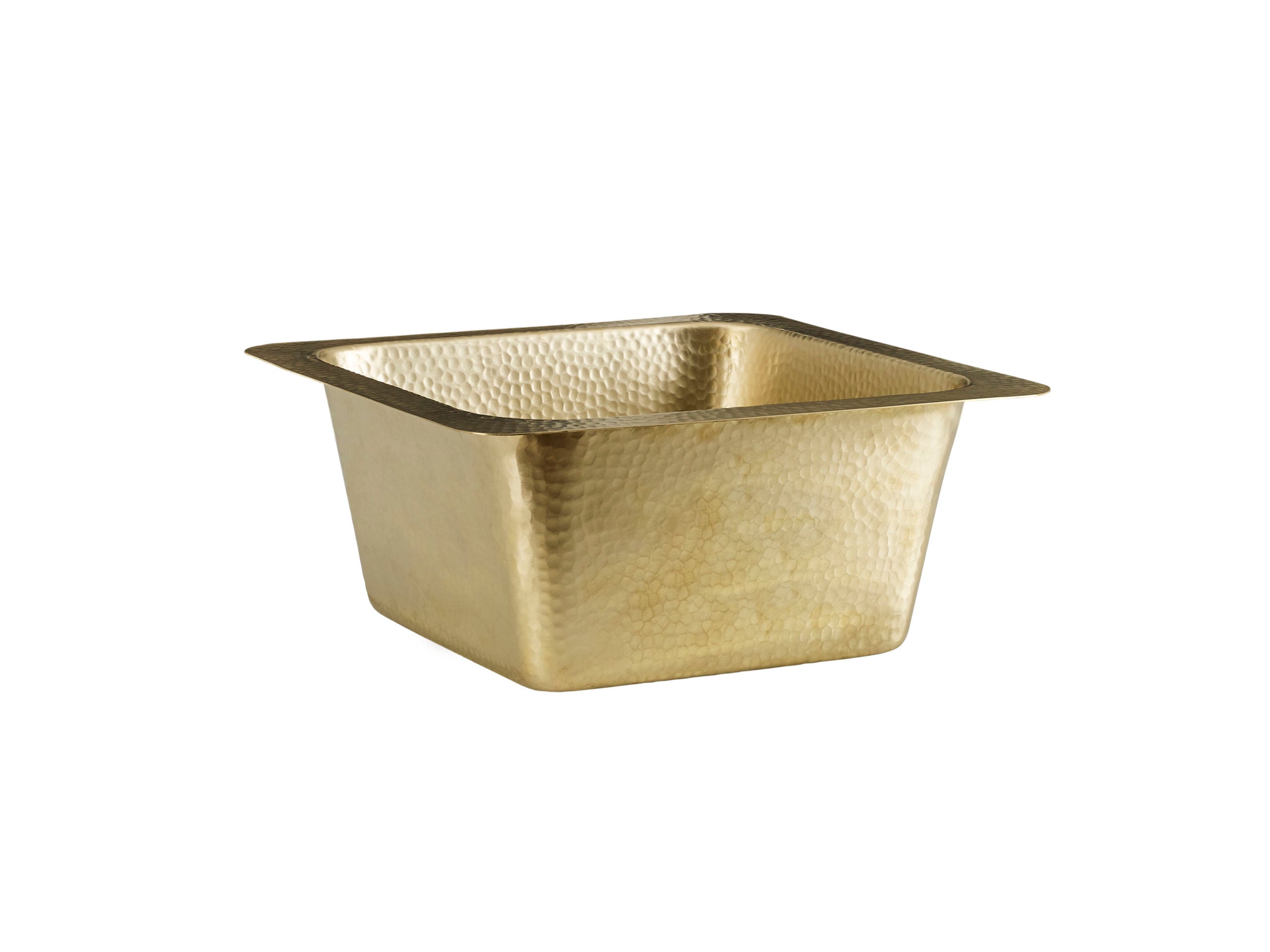 Outside corner view of Thompson's Tamayo hammered brass bar and prep sink