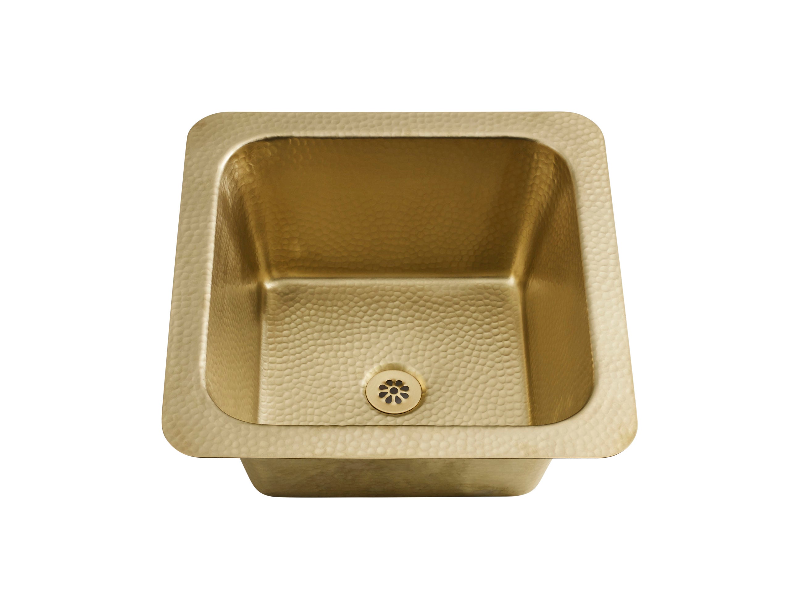 Thompson Traders Tamayo square hammered brass kitchen sink with a matching drain, shown from a top-down perspective on a solid white background.