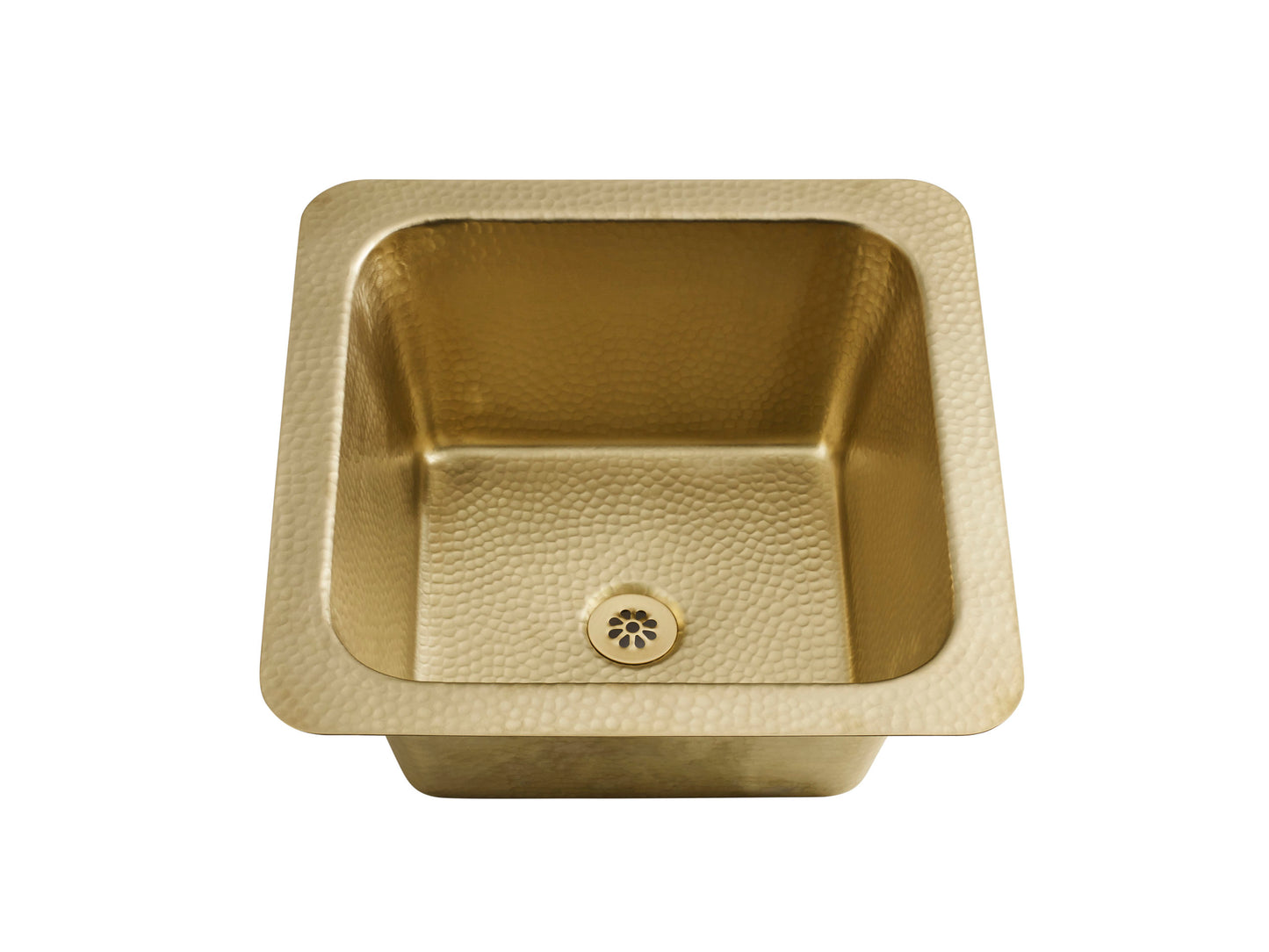 Thompson Traders Tamayo square hammered brass kitchen sink with a matching drain, shown from a top-down perspective on a solid white background.