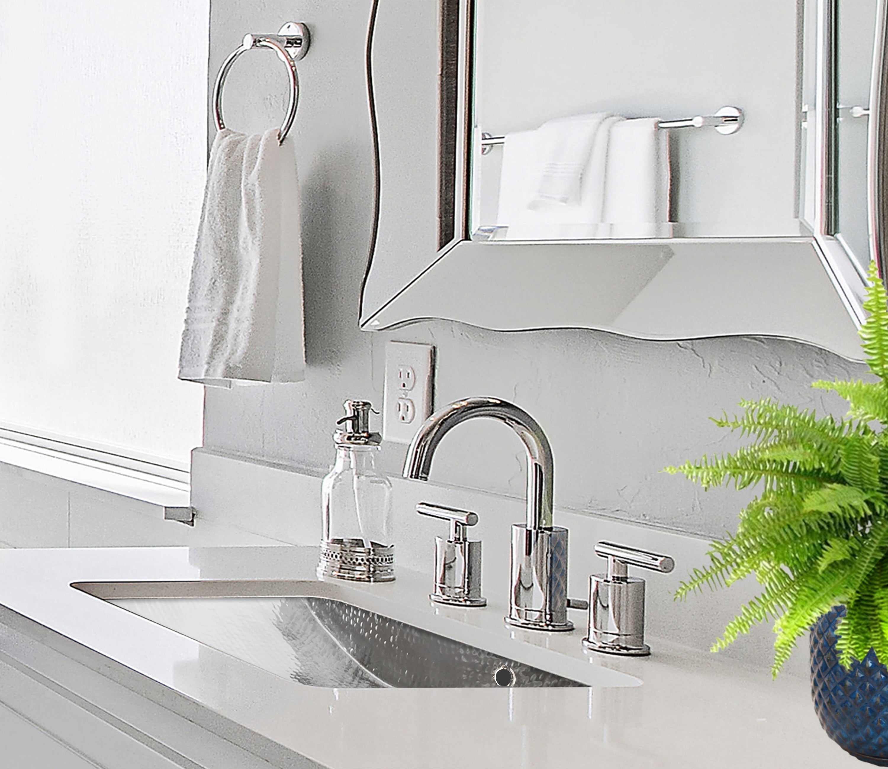 Nantucket hammered stainless trough sink with overflow TRS-OF in a bathroom vanity