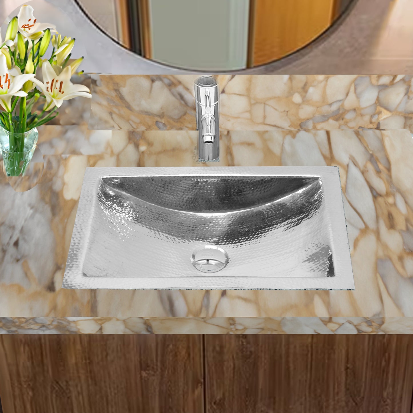 Nantucket hammered stainless steel trough bathroom sink TRS, lifestyle view