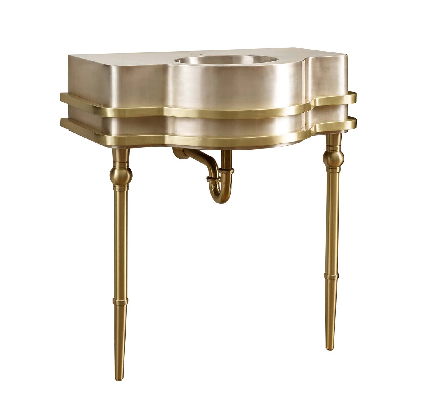 Thompson Traders Quintana Vanity - KCV32 elegant gold console with stylish curves and sophisticated metal details.