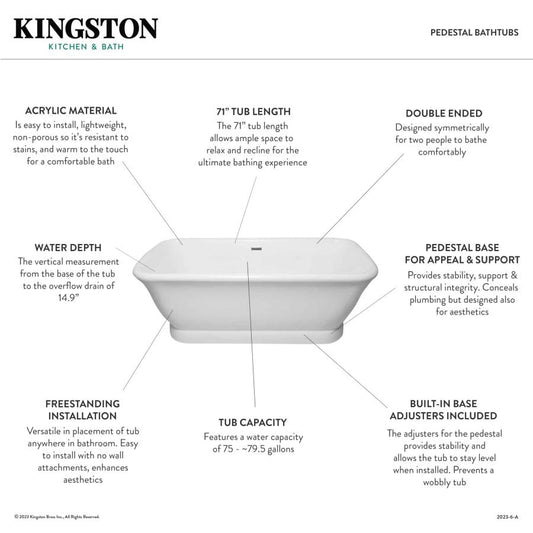 Aqua Eden  71-Inch Acrylic Oval Rectangular Double Ended Pedestal Tub with Drain (No Faucet Drillings), Glossy White